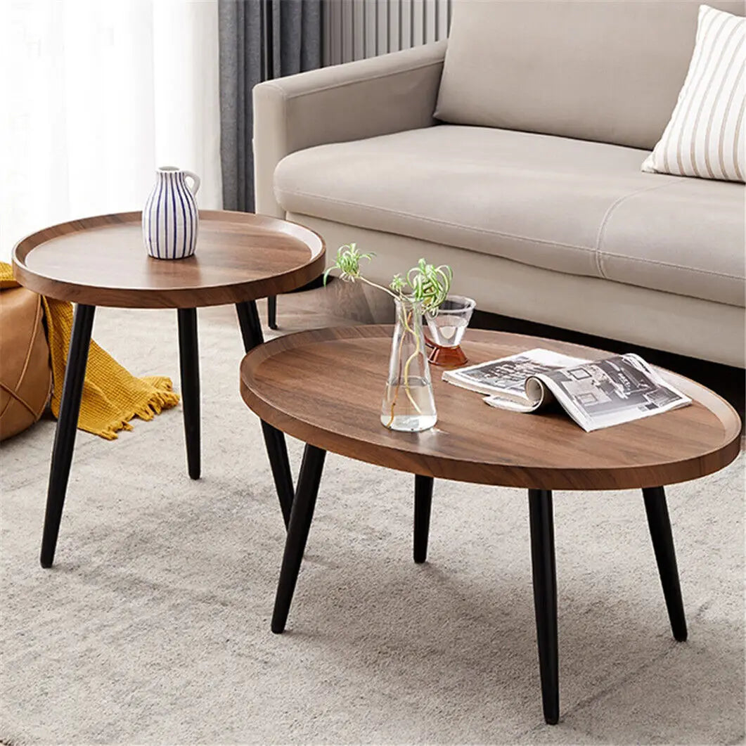 Round Rustic Nesting Coffee Tables Set 2 Wood Top Metal