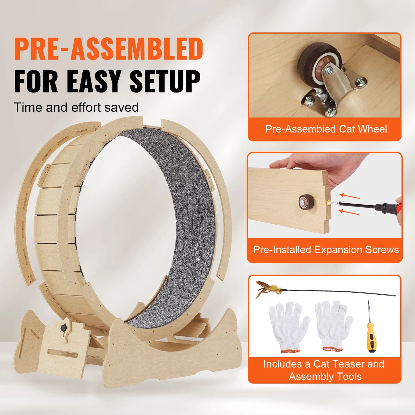 Wooden Cat Exercise Wheel For Indoor Running Detachable Carpet