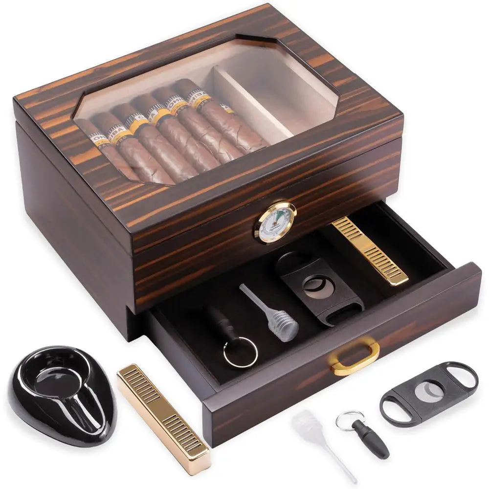 Cigar Box, Spanish Cigar, 50 Cigars, Desktop Glass Top with Hygrometer, Humidity, Accessory, Cigar Cutter, Ashtray, Punch, Divid