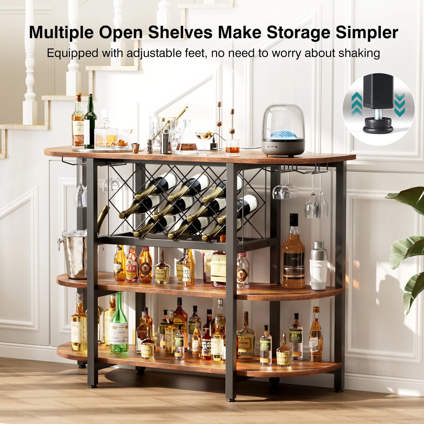 LED Home Bar Cabinet With Charging Station And Glassware Holder