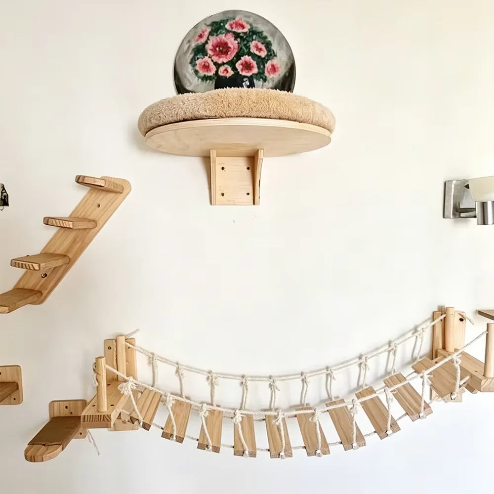 39.4In Wall-mounted Cat Roped Bridge for Indoor Cats Steps with Sisal Wall Wooden Furniture for Sleeping Playing Climbing