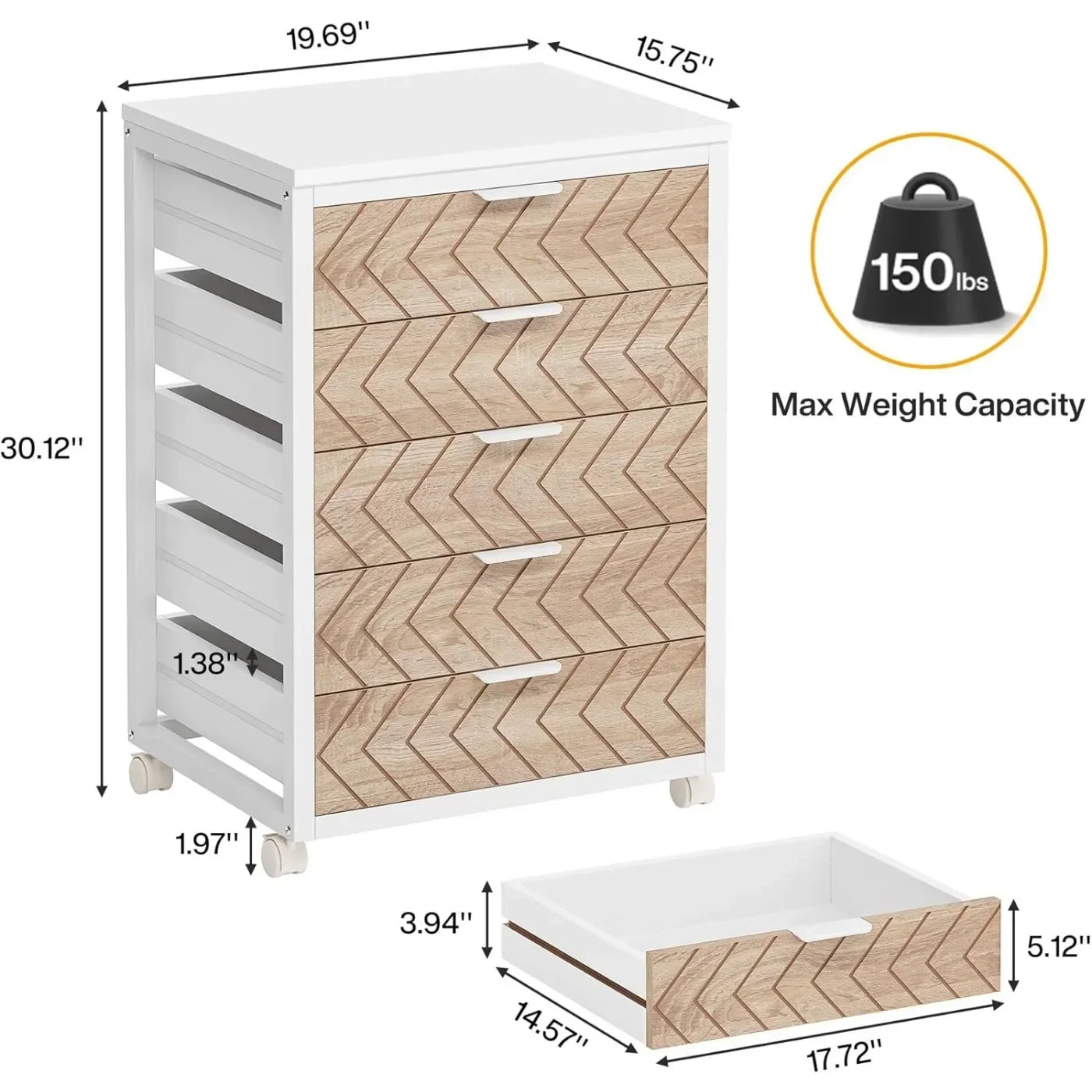 5-Drawer Rolling File Cabinet With Wheels For Home Office