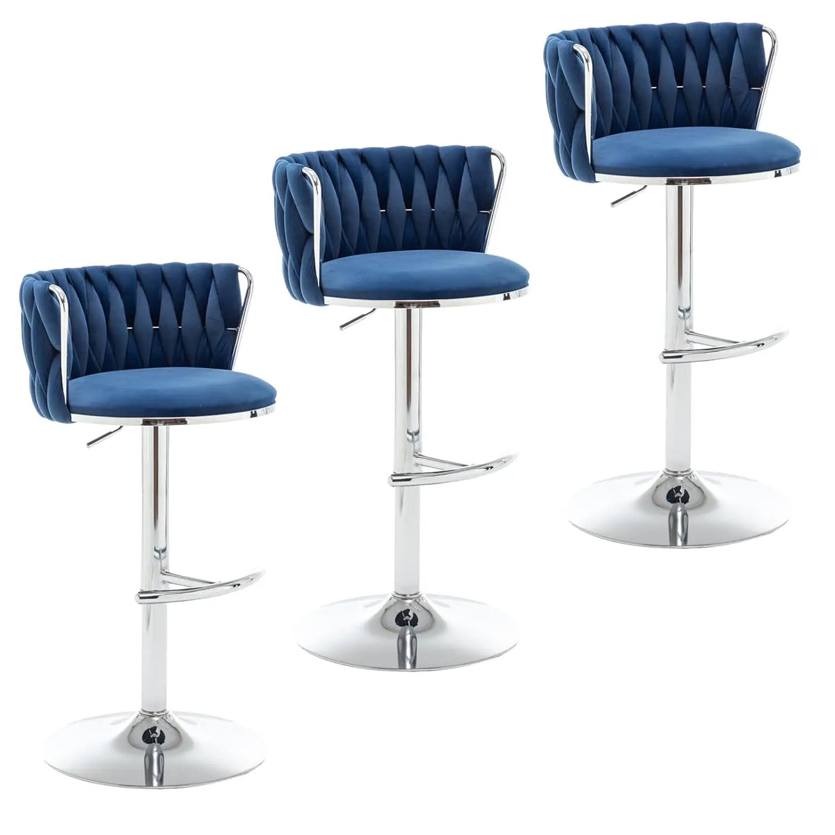 Mid Century Velvet Swivel Bar Stools With Woven Backrest and Support