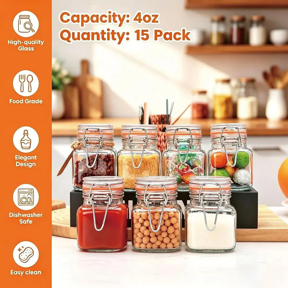 4oz Small Spice Jars with Lids, 15 Pack Airtight Glass Jars, Small Spice Containers Includes Labels & Rubber Gaskets for Kitchen