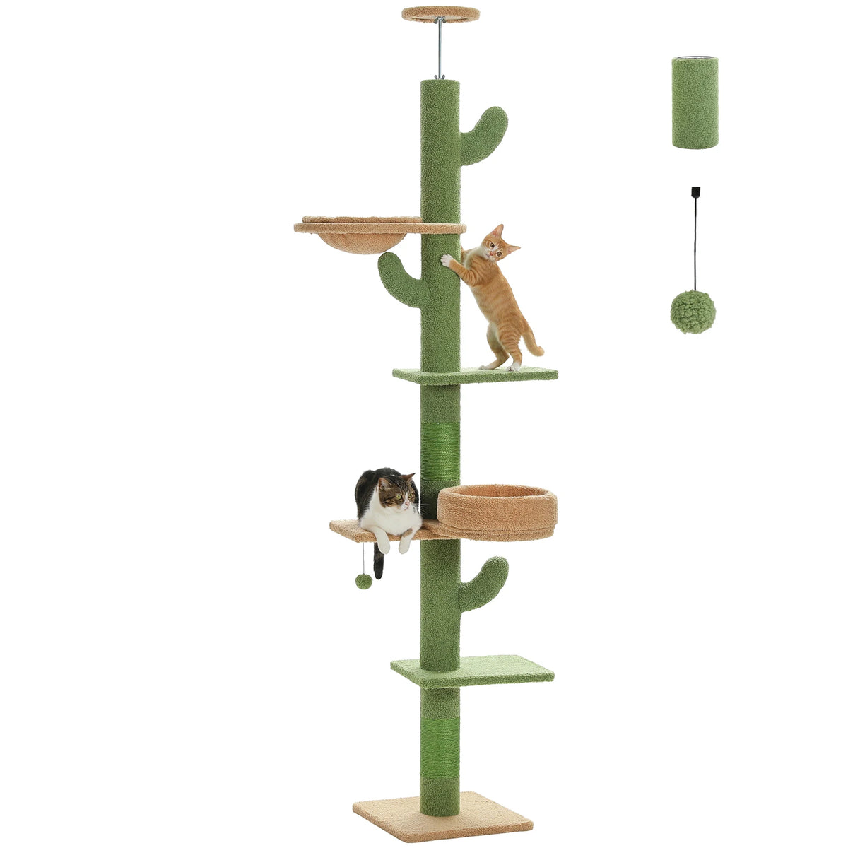 Adjustable Height Cactus Cat Tree for Indoor Cats Floor to Ceiling Cat Tower with Scratching Post Cozy Hammock Dangling Balls