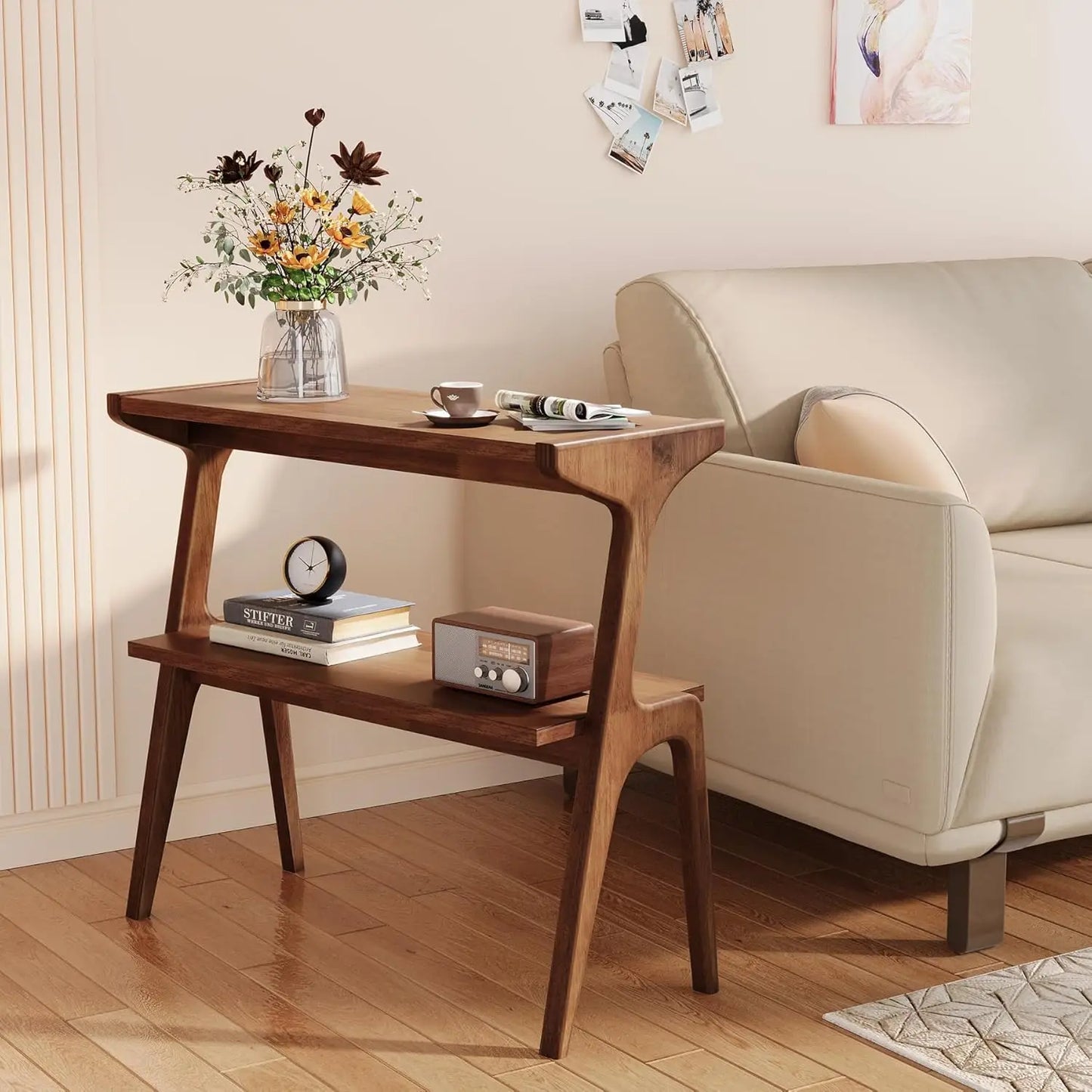 Solid Wood 2-Tier End Table with Storage Shelf, Slim Accent Bedside Sofa Side Table for Living Room Bedroom Small Space, Customi