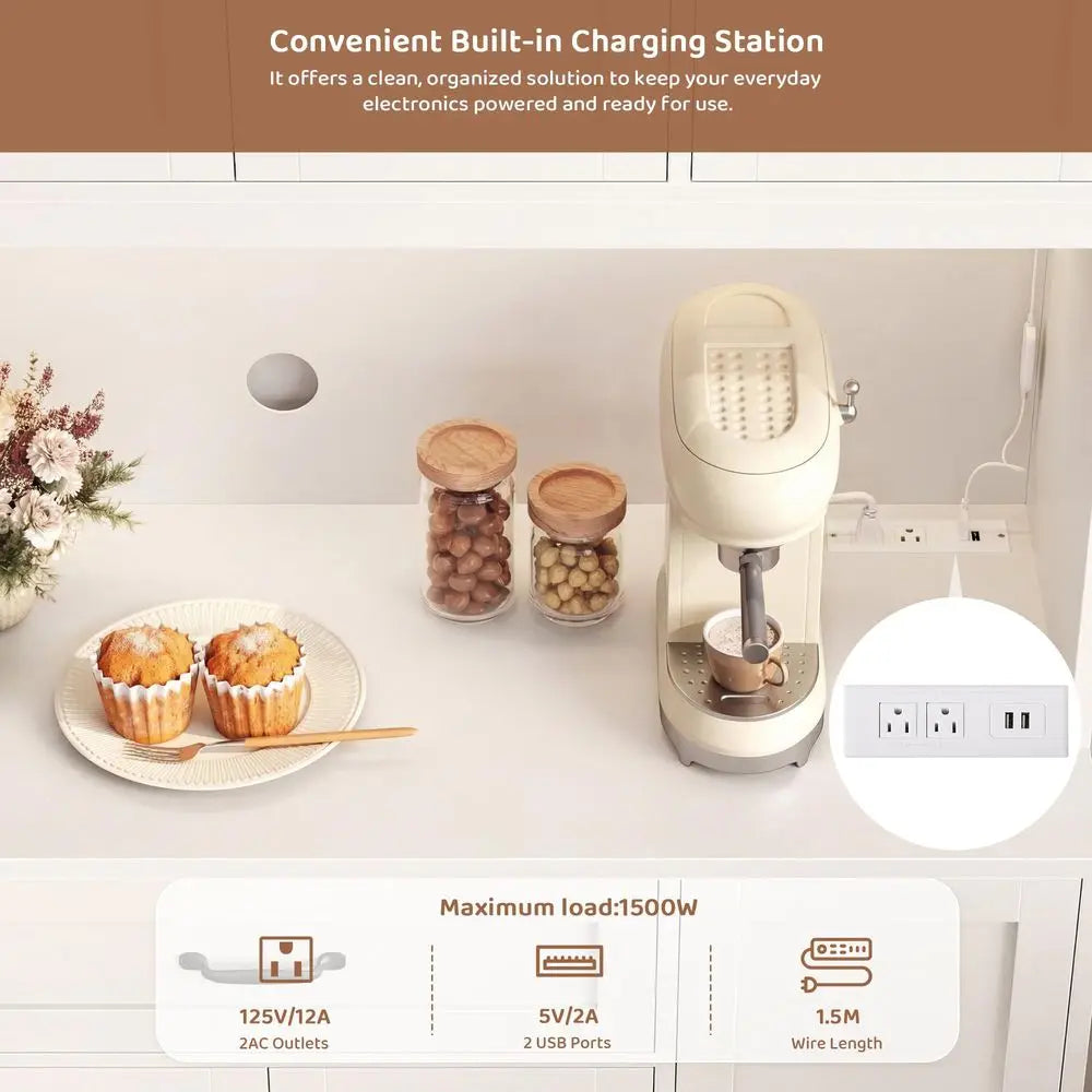 70 LED Kitchen Pantry Cabinet with Charging Station, 47 Wide Pantry Storage Cabinet with Large Microwave Stand, Modern Kitchen