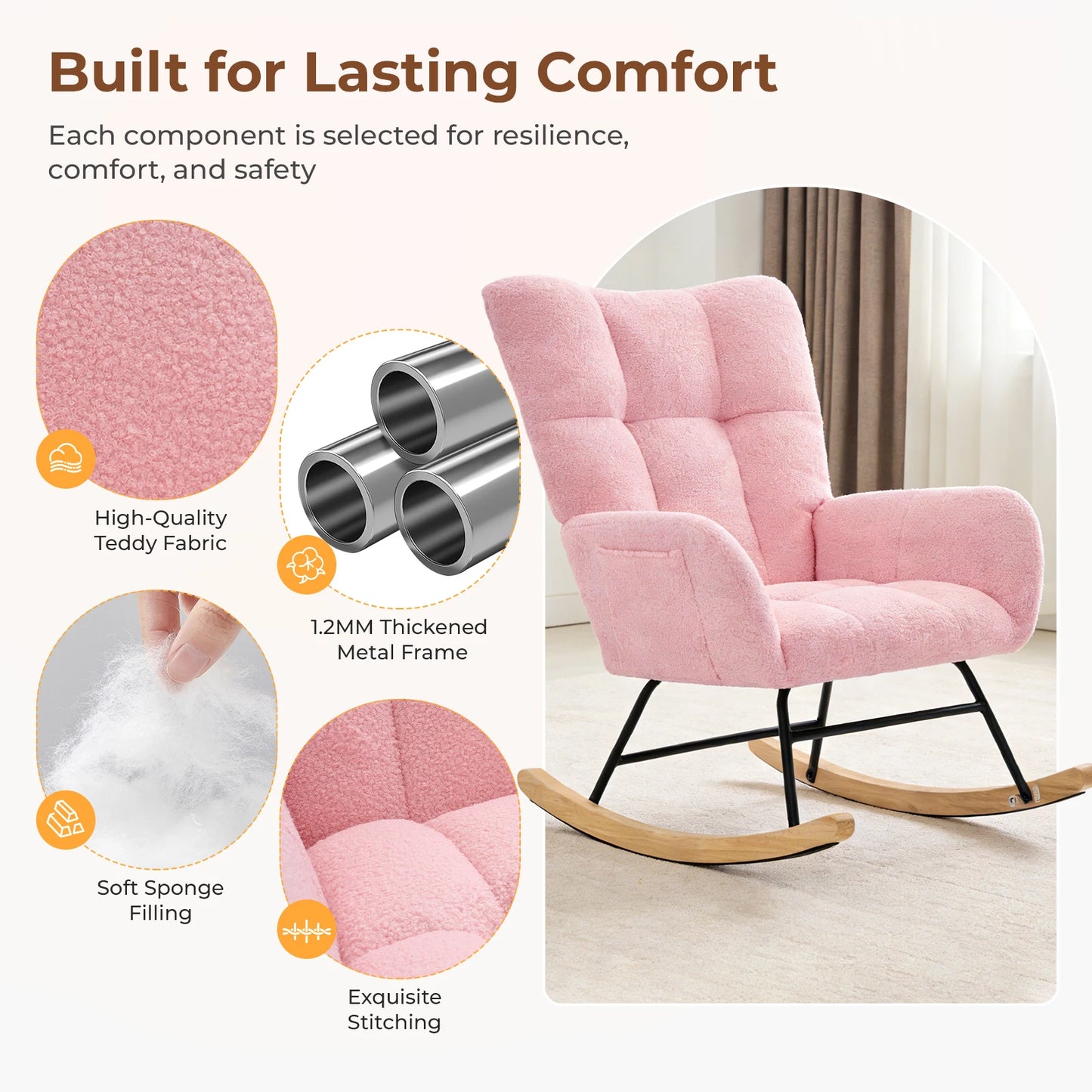 JHK Teddy Upholstered Saucer Rocking Chair with High Backrest Armchair Padded Seat Metal Frame Reading Chair for Living Room