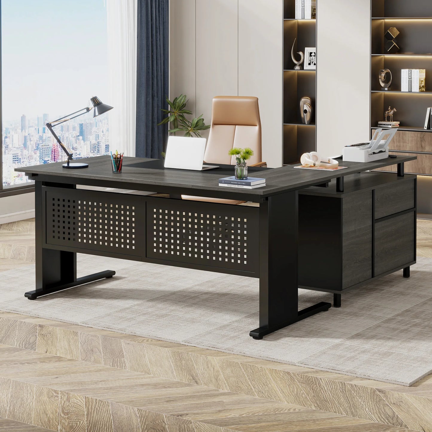 Tribesigns 63 Inch Executive Desk with File Cabinet, Large Office Desk L Shaped Computer Desk with Drawers and Storage Shelves