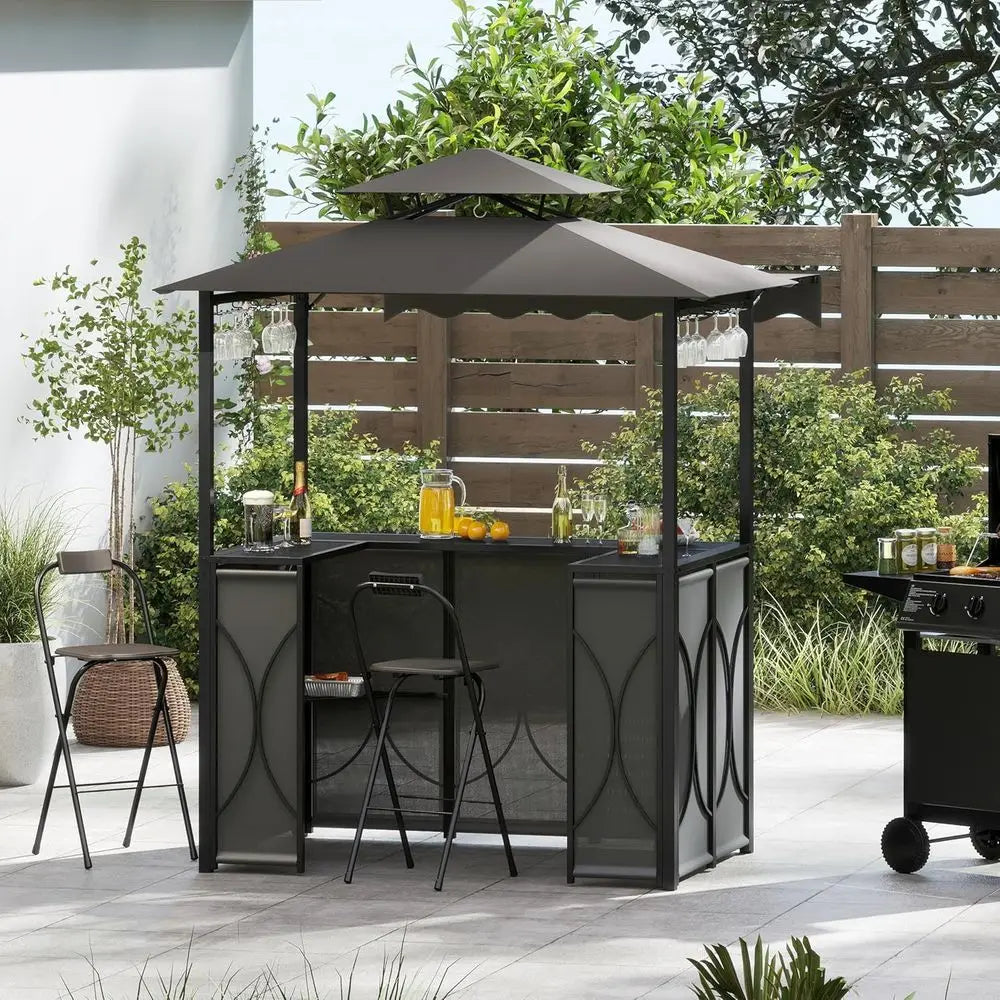 3 Piece Patio Bar Set, Grill Gazebo & 2 oldable Bar Stools with Awning, Metal Storage Shelves, Glass Holders, Double-Tier Outdoo