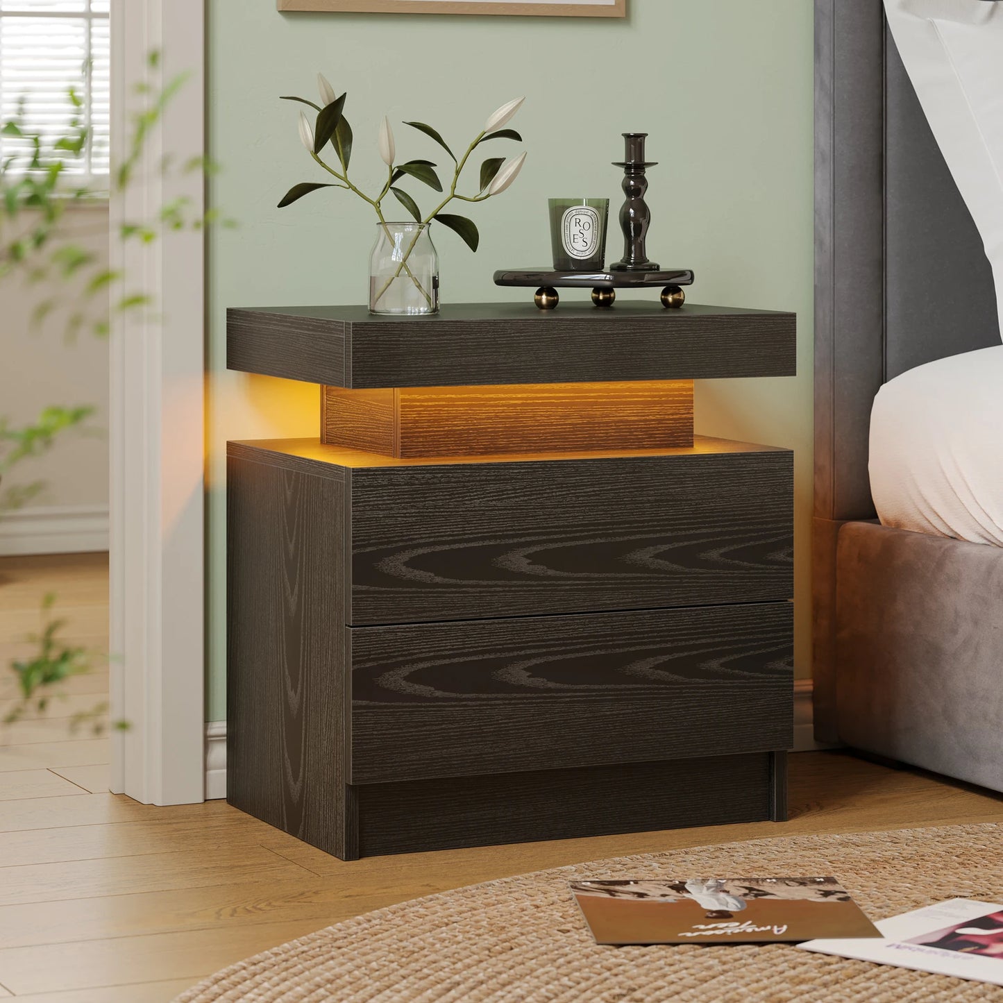 Cubehom White LED Nightstand With 2 Drawers And RGB Lights