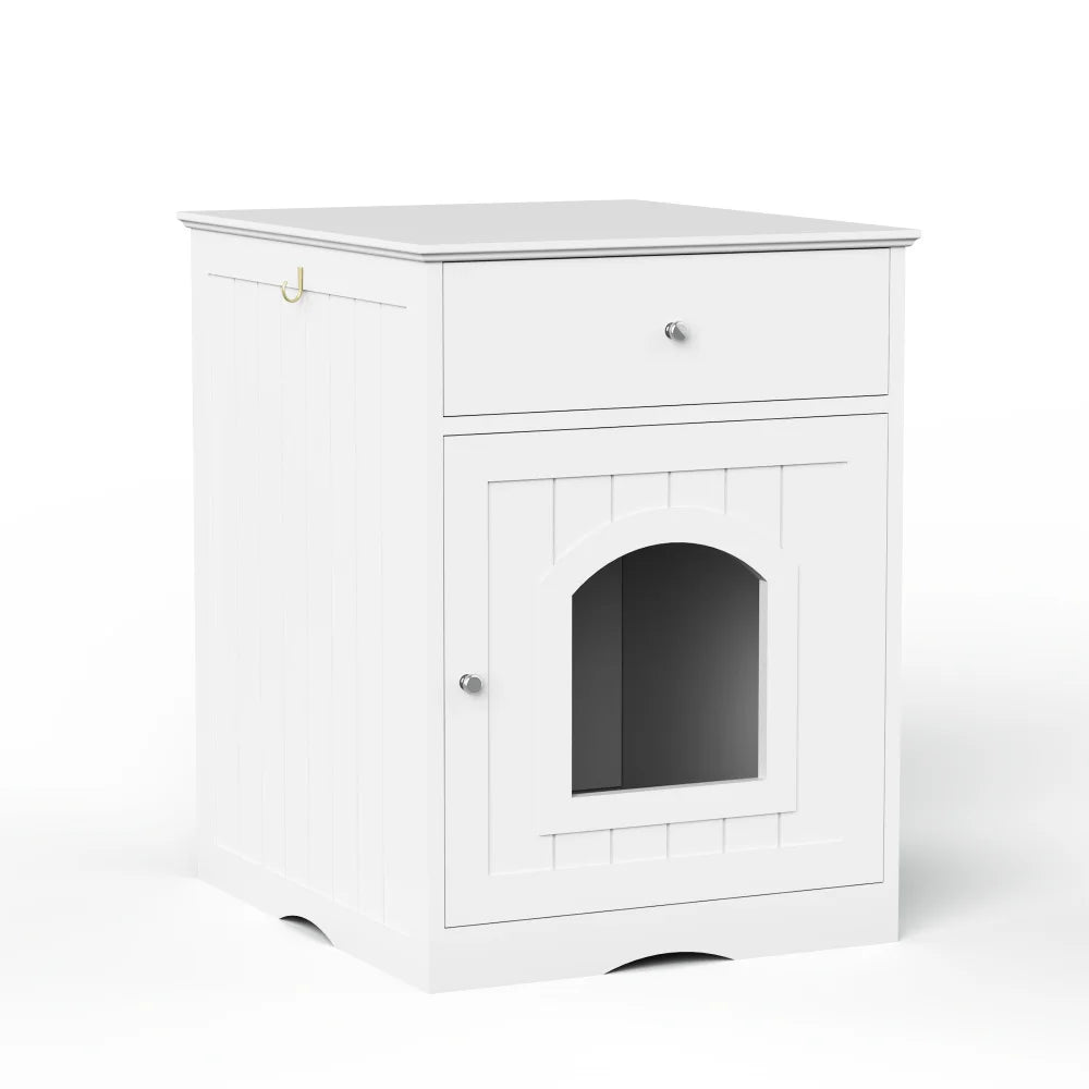 Wooden Cat Litter Box Enclosure and Indoor Pet House, Solid Wood White Cat Home with Drawer, Side Table and Nightstand Design, Furniture-Style Indoor Pet Crate and Hidden Litter Box Cabinet for Home Pet Areas, Living Rooms an
