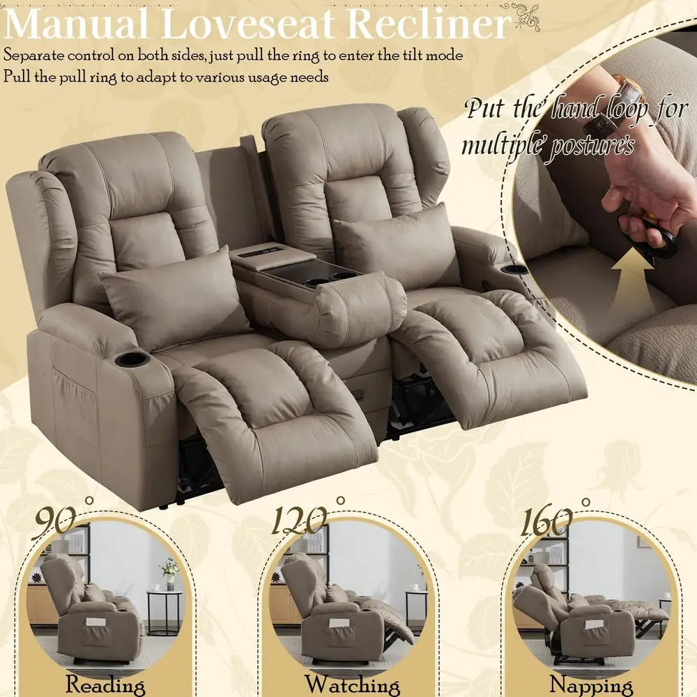 68 RV Loveseat Recliner Sofa, Manual Reclining Loveseat 6 Wall Hugger Recliners with FlipDown Console, USB, Outlet, Cup Holders