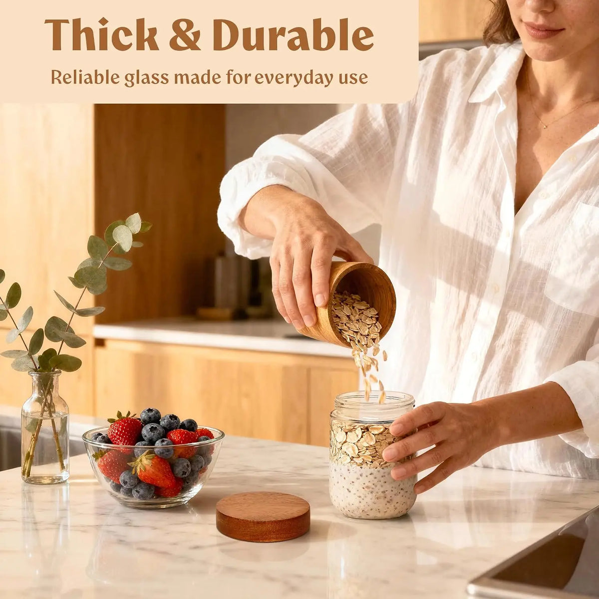 Airtight Glass Meal Prep Jars With Acacia Lids For Oats