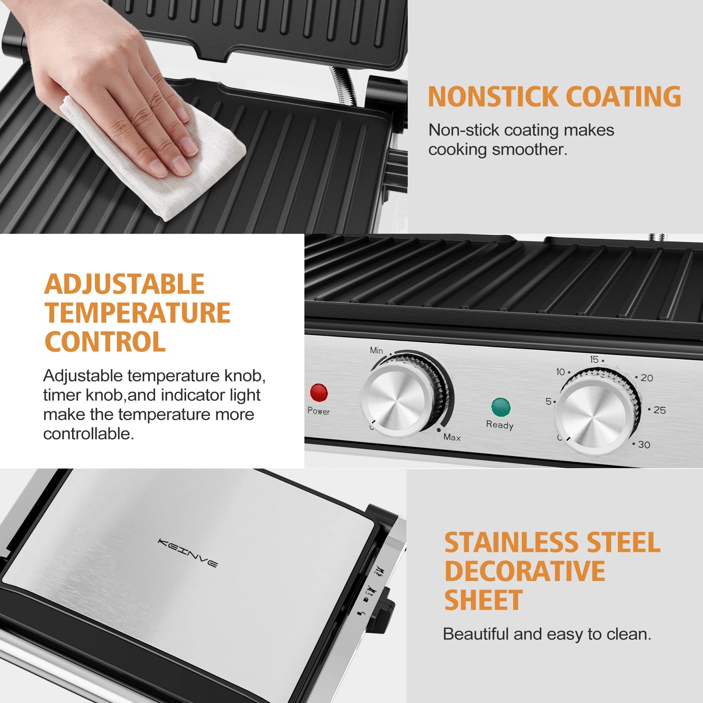 CACHOO 1500W Panini Press With Adjustable Temperature Stainless Steel