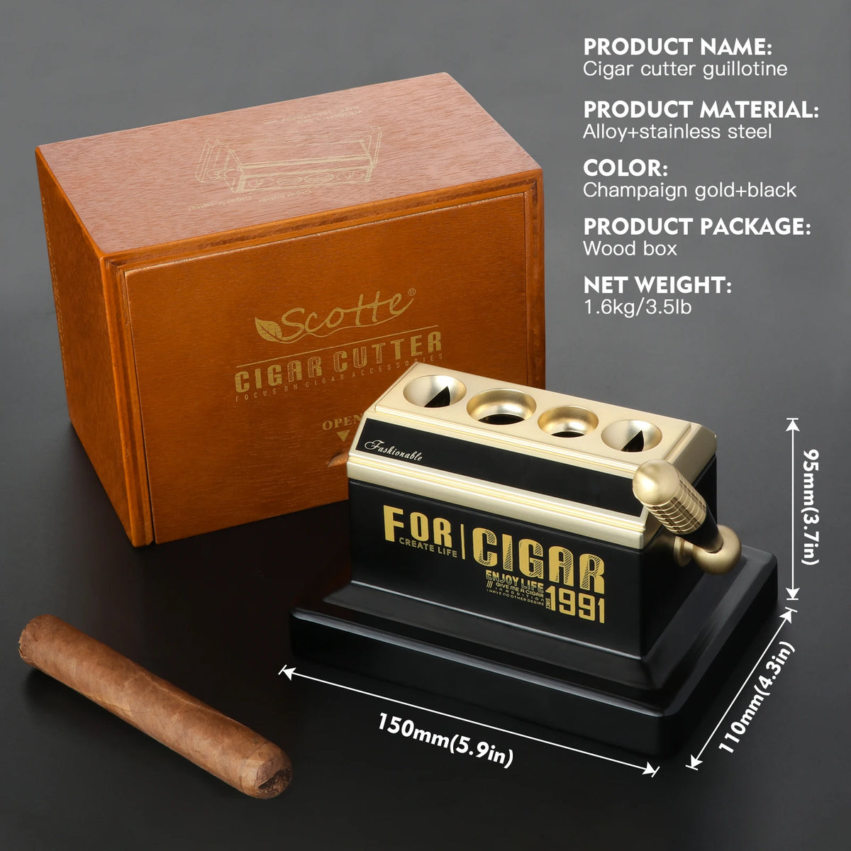 Scotte Tabletop Cigar Cutter With Guillotine And Dual Cut Blades