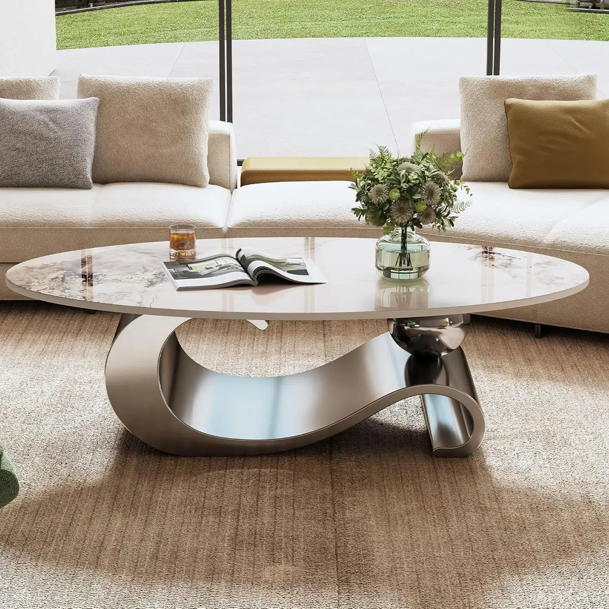 Modern Oval Coffee Table with Sintered Stone Marble Pattern Top