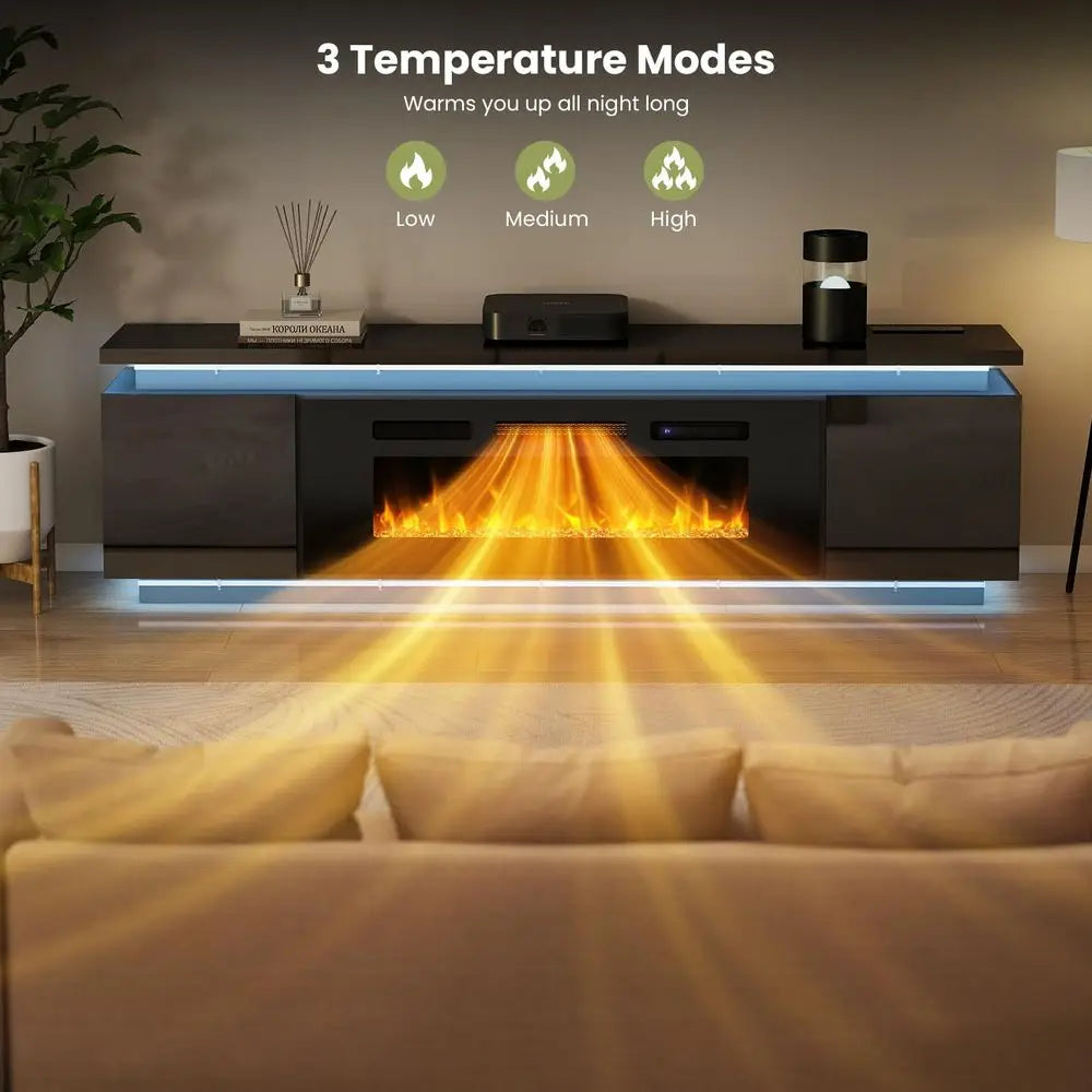 Fireplace TV Stand for 80 Inch TV, Farmhouse Entertainment Center with 42 Fireplace amp LED Lights, Modern Media Console Table