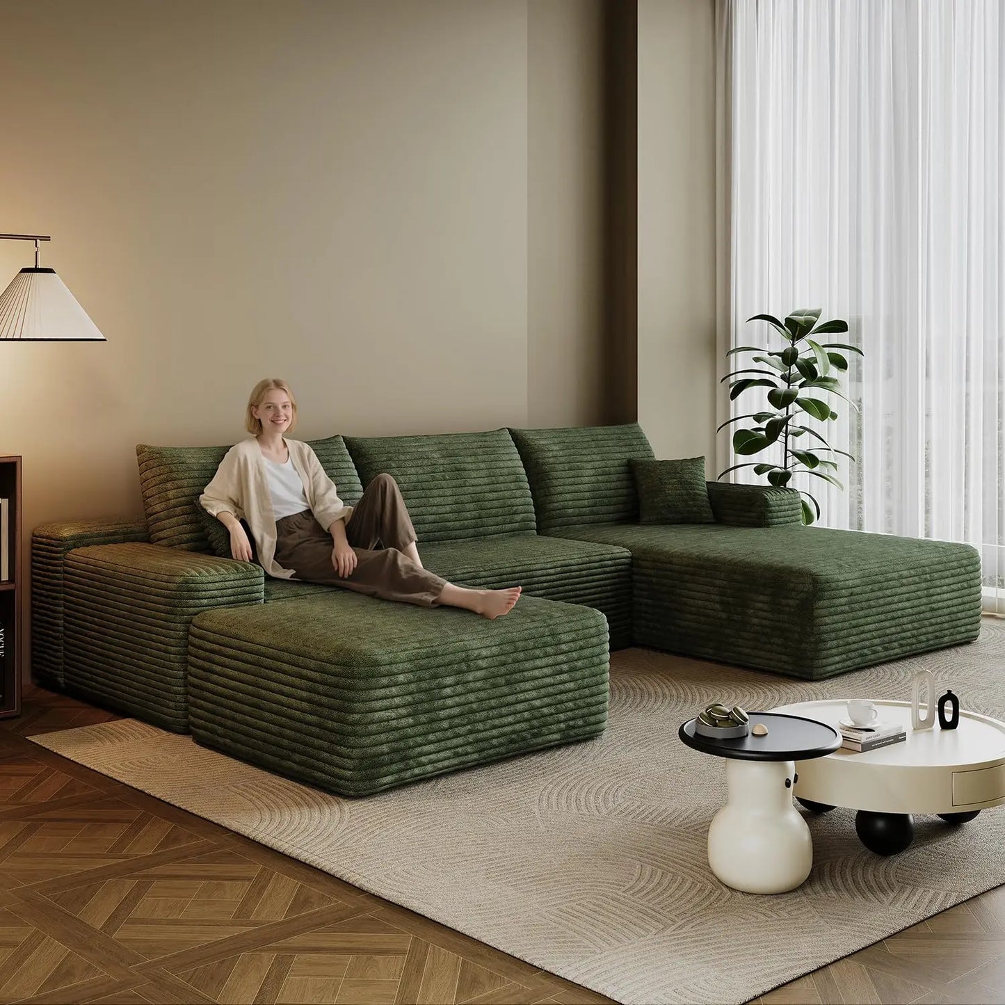 Sectional Sofa Modern Modular U Shape Corduroy Couch Living Room