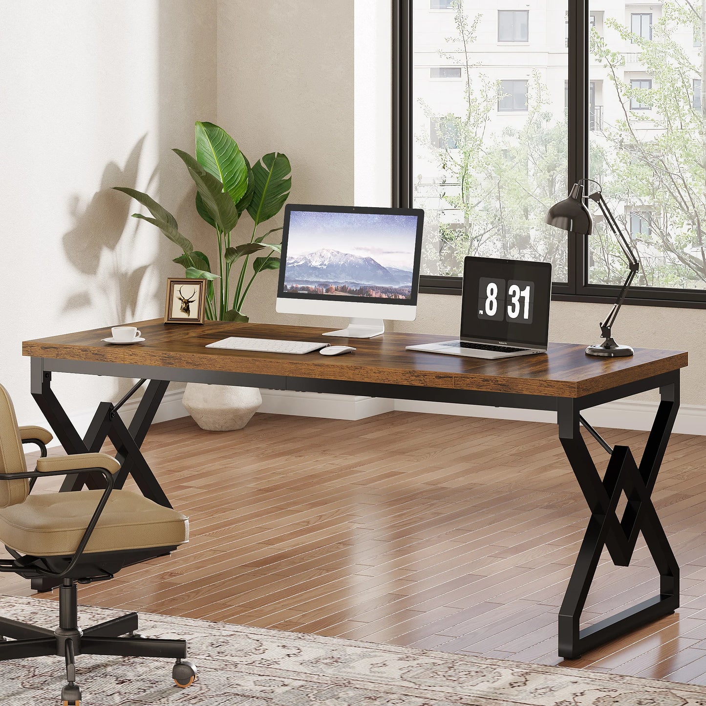 Tribesigns 63" Large Industrial Executive Desk with Extra Thickened Tabletop & Metal Frame, Heavy-Duty Home Office Desk