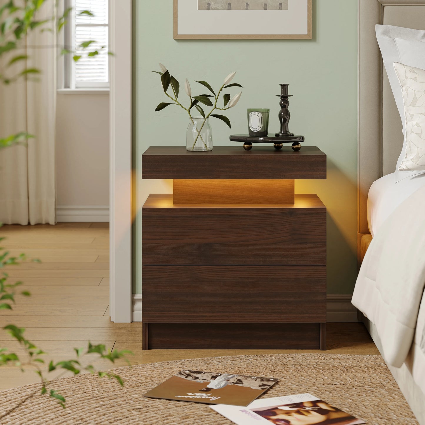 Cubehom White LED Nightstand With 2 Drawers And RGB Lights