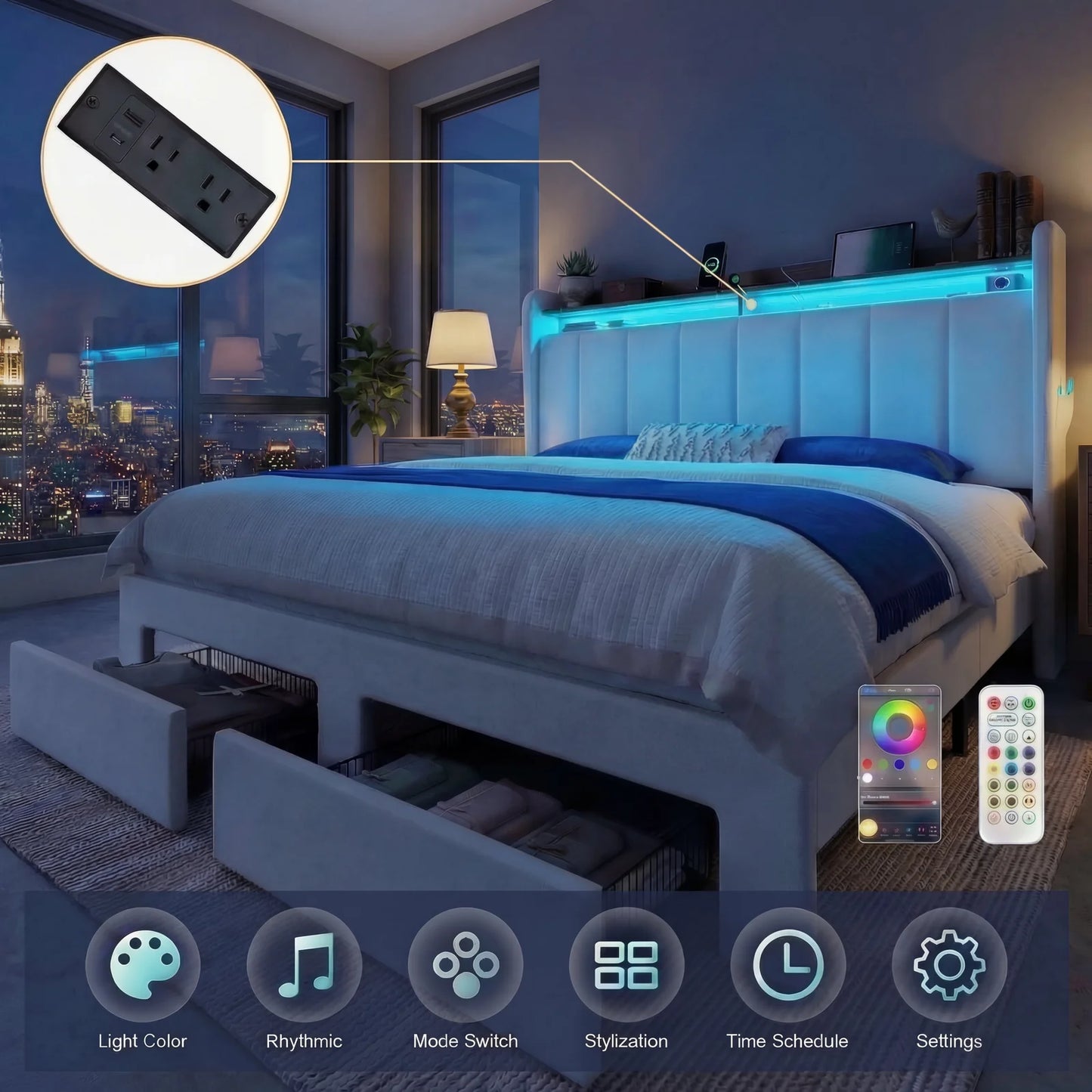 Hoomic Bed Frame With Storage Drawers And Integrated Led Lighting