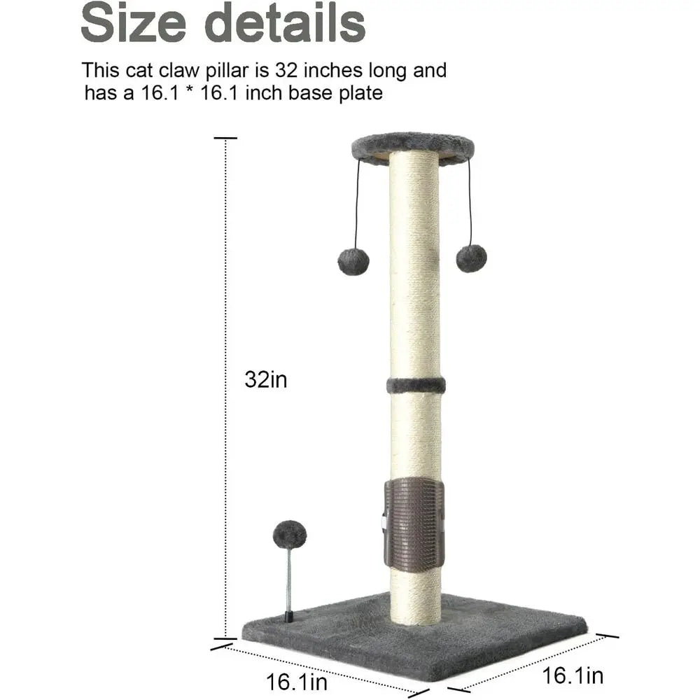 32 Tall Sisal Scratch Post with Hanging Ball and Self-Massage Brush for Indoor Cats and Kittens Gray 32inches