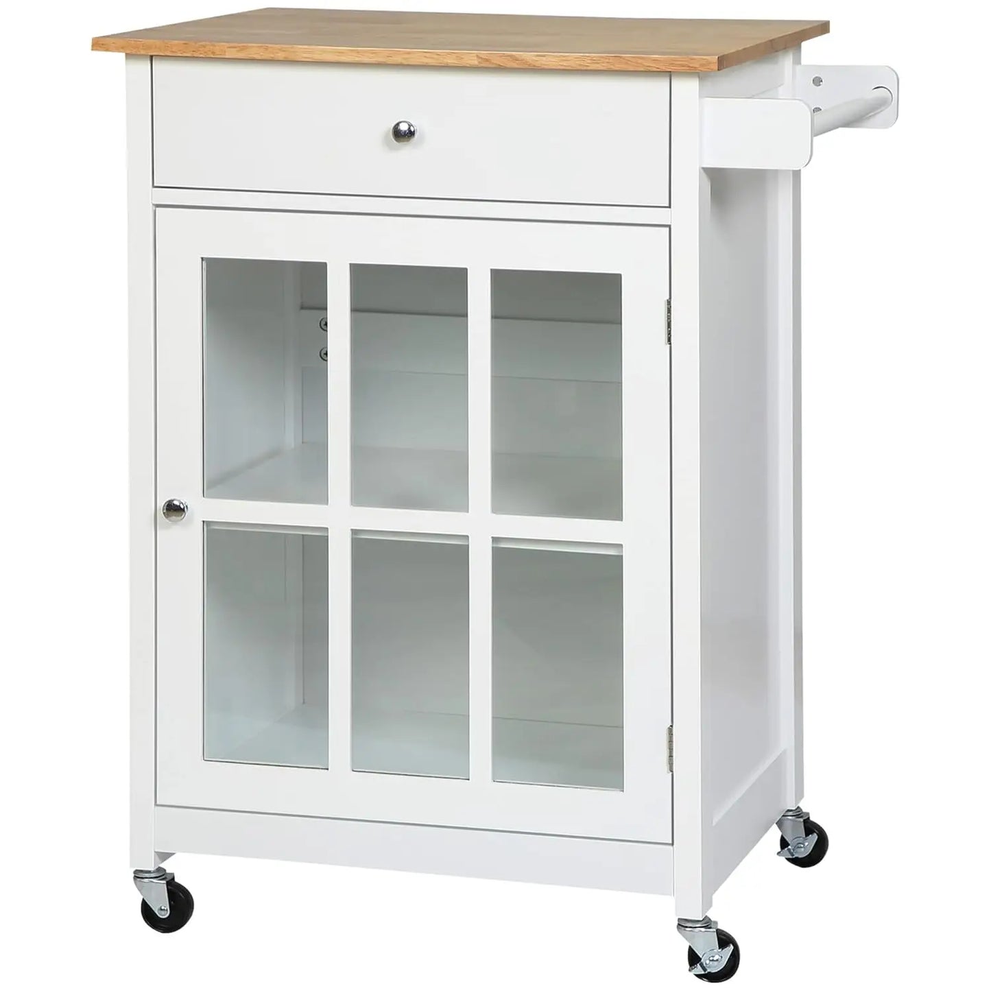 27" Rolling Kitchen Island Cart with Drawer & Glass Door Cabinet, Adjustable Shelf & Towel Rack, White, Customized