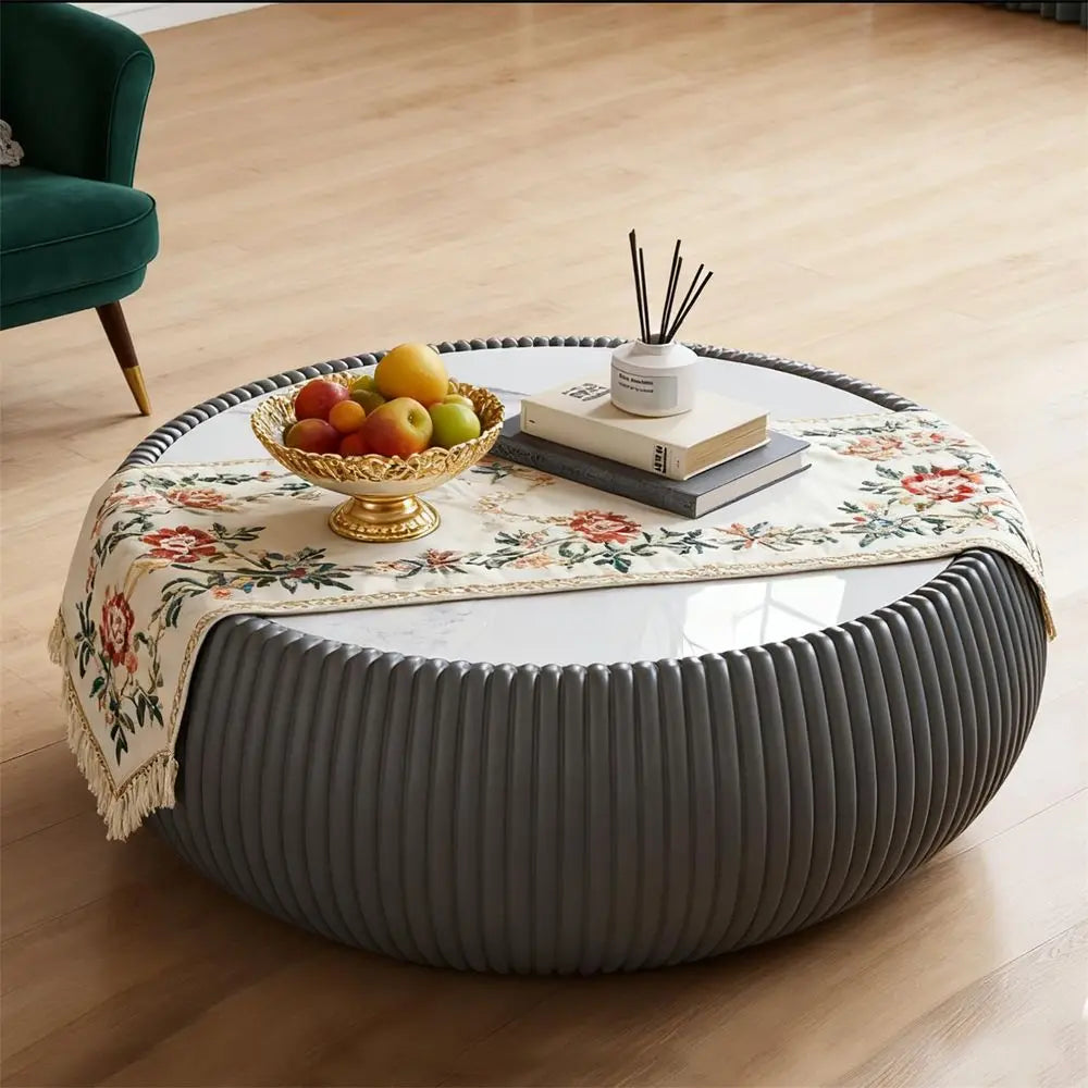 Modern Drum Coffee Table for Living Room Office, White Faux Marble Tabletop, Unique Fluted PU Leather Covered, Round Cocktail C