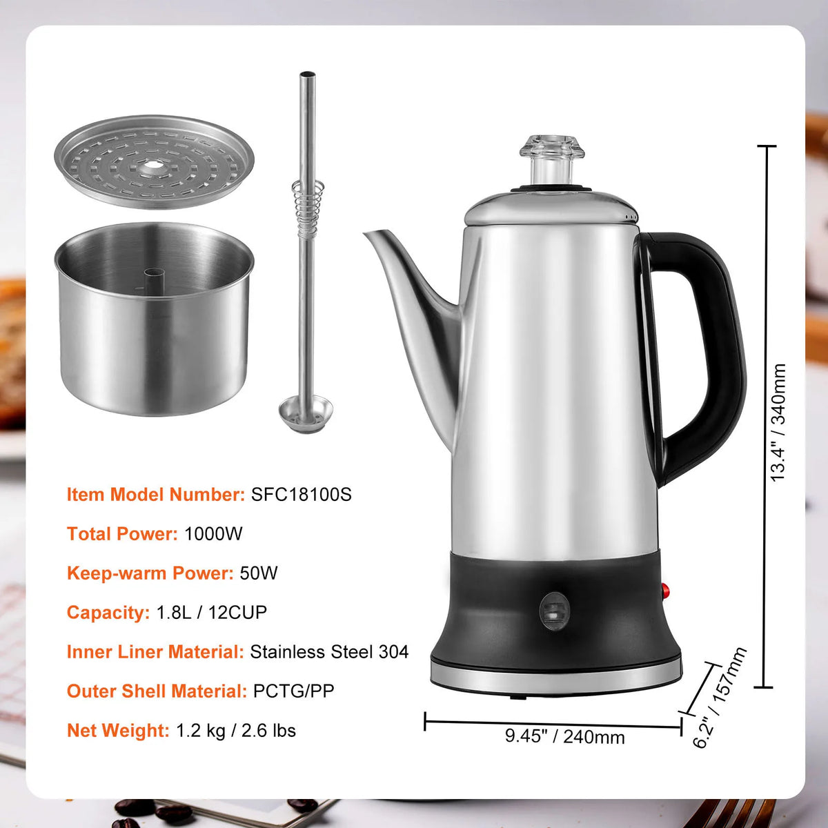 SucceBuy Electric Stainless Steel Coffee Percolator With Keep Warm Feature