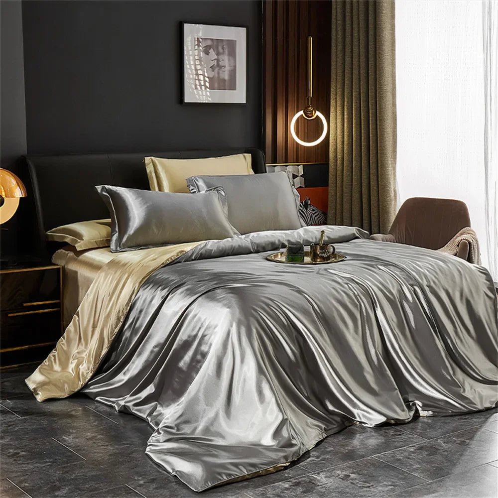 CARA CARLE Solid Silk Bedding Set With Duvet Cover Pillowcases