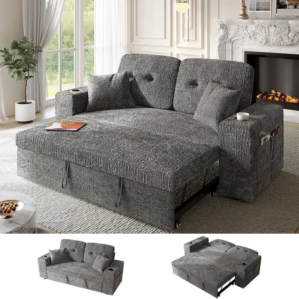 Inch Sleeper Sofa Bed, 3 in 1 Pull Out Couch Bed with Reclining Backrest, Small Loveseat with Wide Armrest USB Charging Side Po