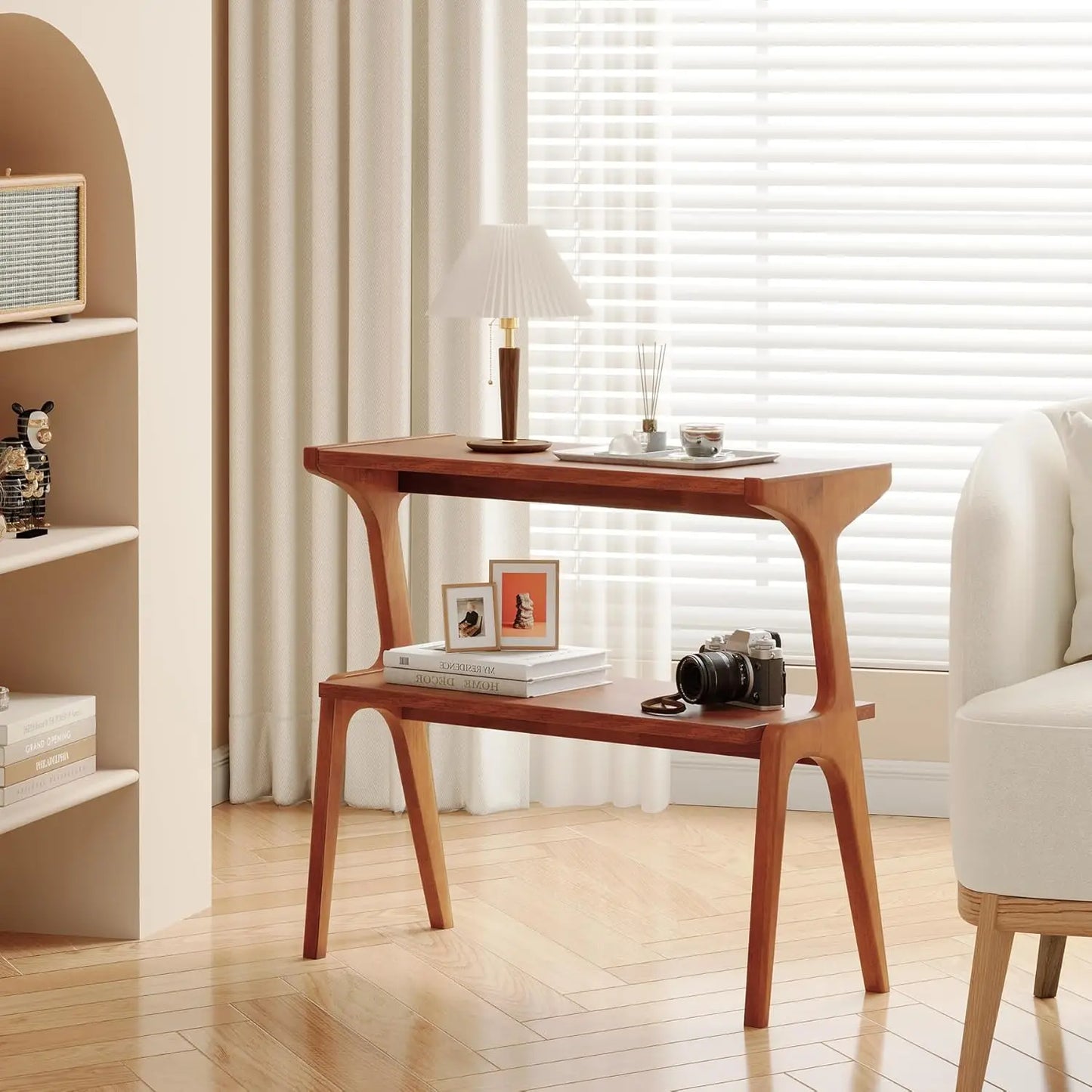 Solid Wood 2-Tier End Table with Storage Shelf, Slim Accent Bedside Sofa Side Table for Living Room Bedroom Small Space, Customi