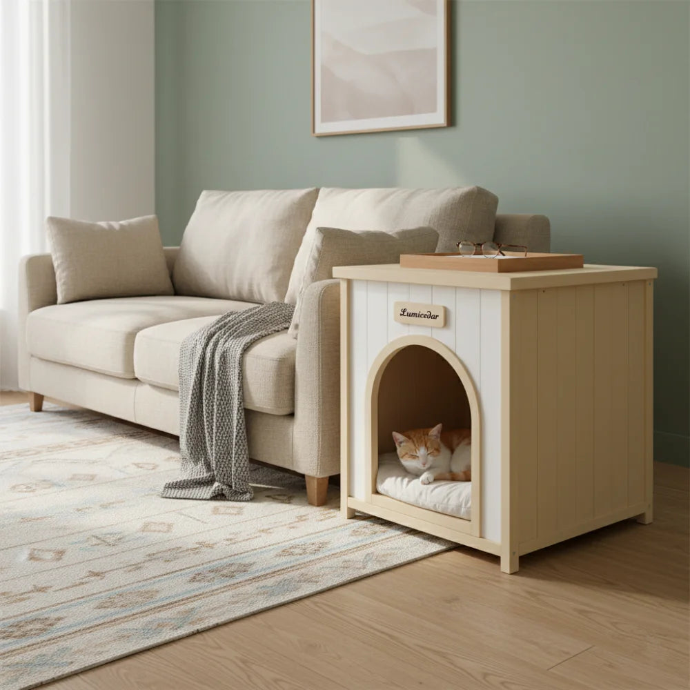 Modern Indoor Wooden Dog House with Removable Cushion – Solid Cedar Pet House for Small Dogs & Cats, Furniture-Grade Scandinavian Design
