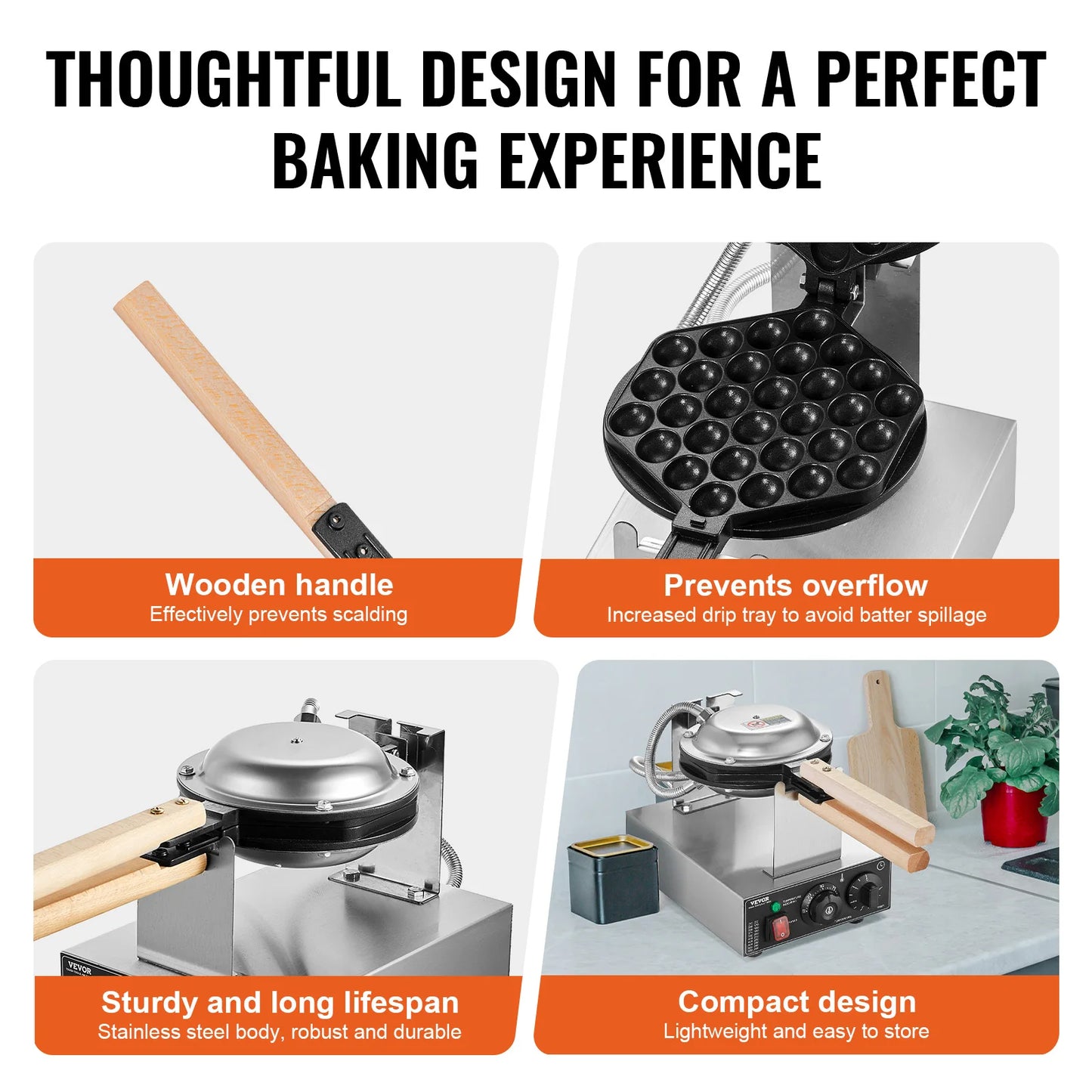 SucceBuy Bubble Waffle Maker 1400W Rotating Two Pans