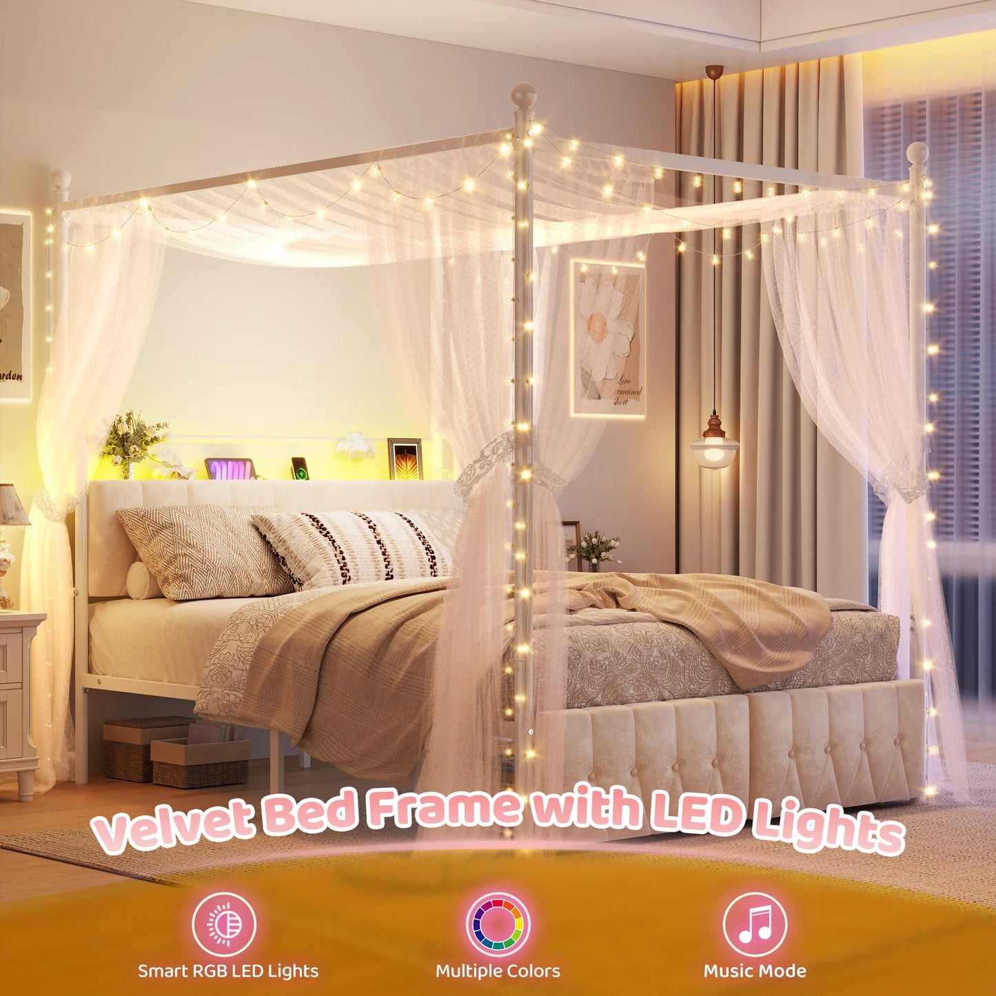 EnHomee Canopy Bed Frame With Charging Station And LED Lights