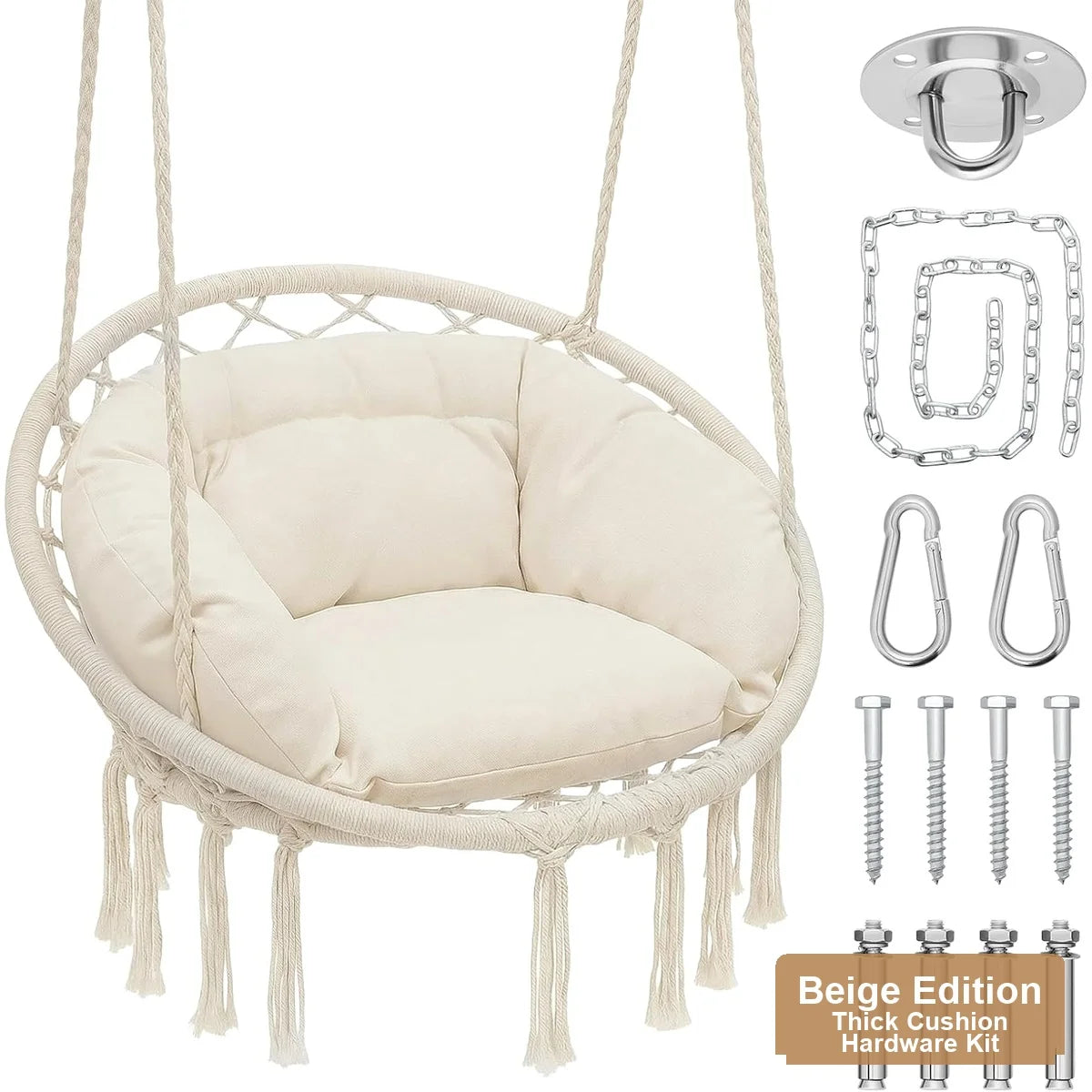 Macrame Hanging Hammock Swing Chair 2 Person Beige Cotton Rope 51x25 700 lbs with 3 Cushions Hardware Kit Indoor Outdoor