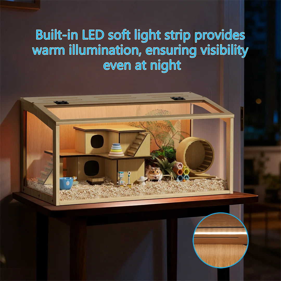Sturdy Wooden Hamster Cage Featuring Tempered Glass And Ventilation