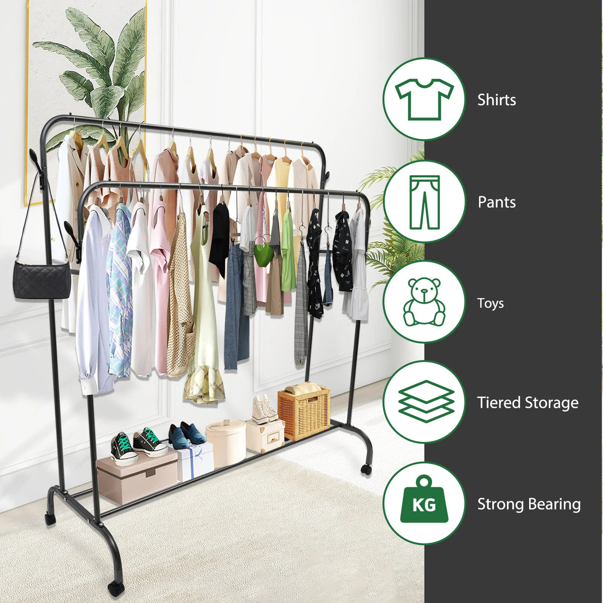 Double Clothes Rail Rack Garment Coat Rack Stand Metal Closet Rod Heavy Duty Floor-Standing with Side Hooks and Swivel Wheels