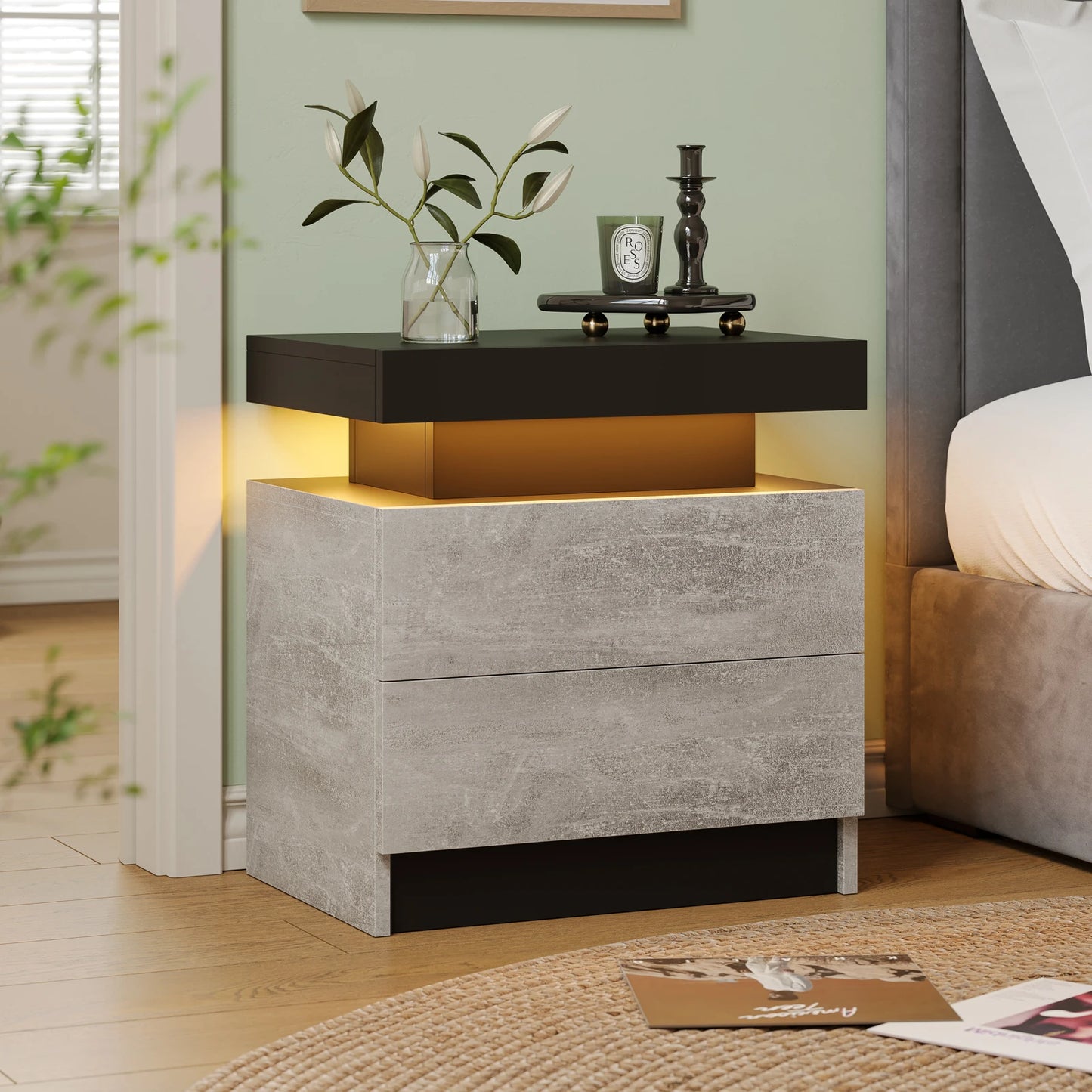 Cubehom White LED Nightstand With 2 Drawers And RGB Lights