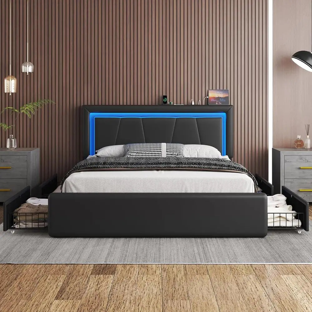 RBXC Upholstered Bed With Storage Drawers LED Lights Charging Station