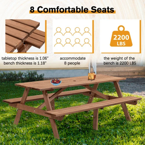Brandless 8 Person Brown Wooden Picnic Table Outdoor Dining Bench