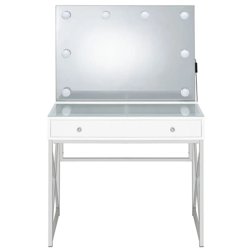 Home Furnishings Eliza Contemporary 3Piece 1Drawer Makeup Vanity Desk for Bedroom with Hollywood Vanity Mirror with White Faux
