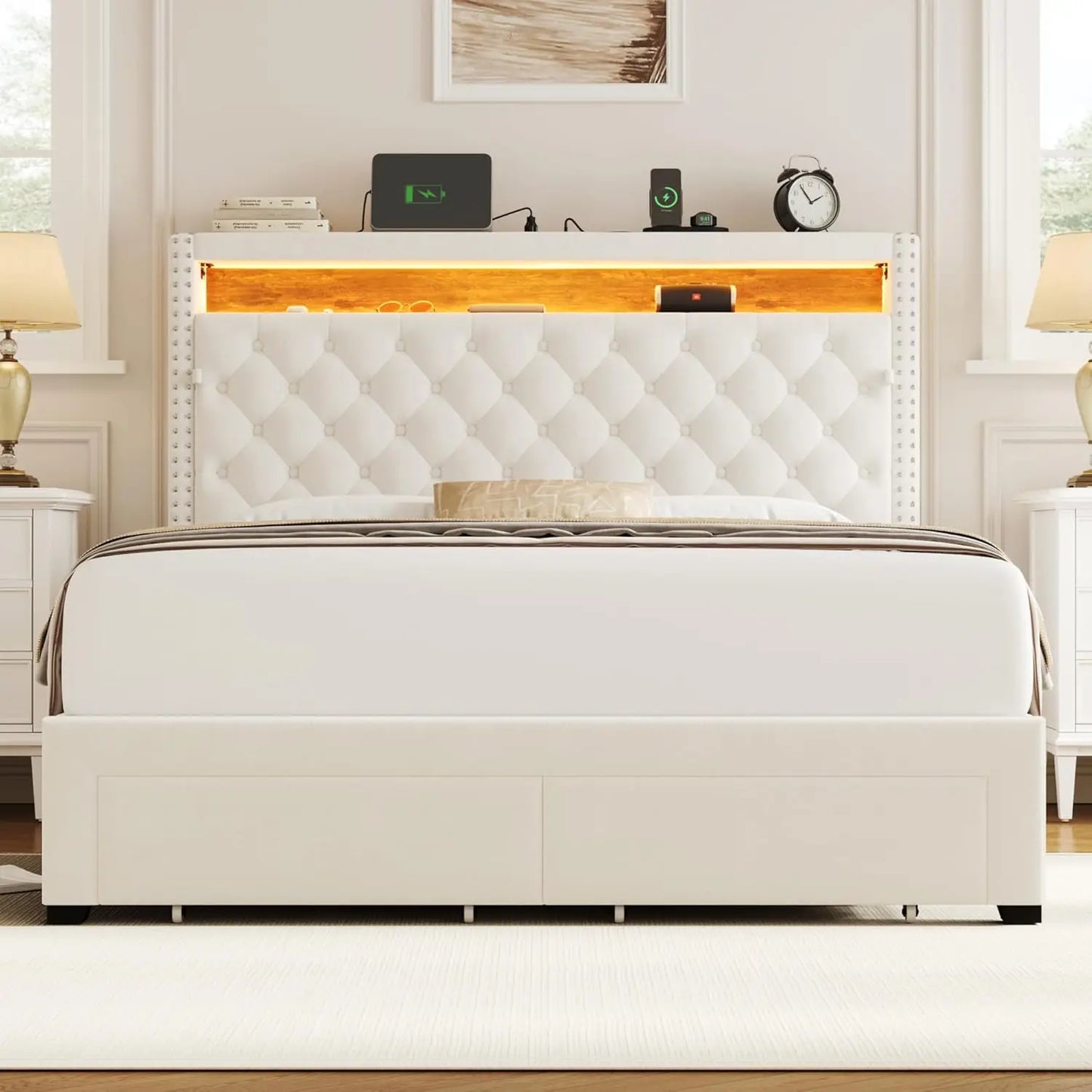 Queen LED Storage Bed Frame USB Charging Velvet Upholstered 2 Drawers Tufted Headboard No Box Spring, Customized