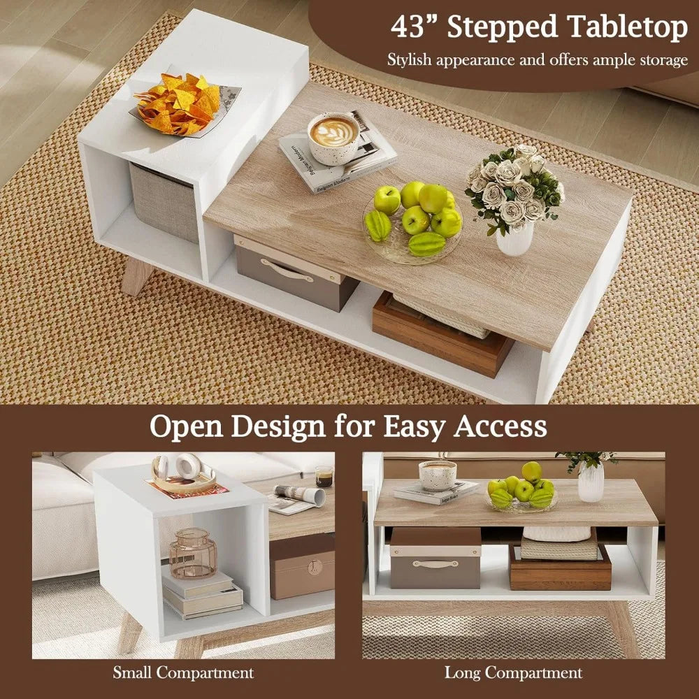 2-Tier Coffee Table with Storage, Mid Century Modern Center Table, Geometric Living Room Table for Small Space Apartment