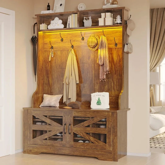Bench and Shoe Storage, 5-in-1 Entryway Bench with Coat Rack, 10 Shoe Cubbies & 9 Coat Hooks, Barn Door & A