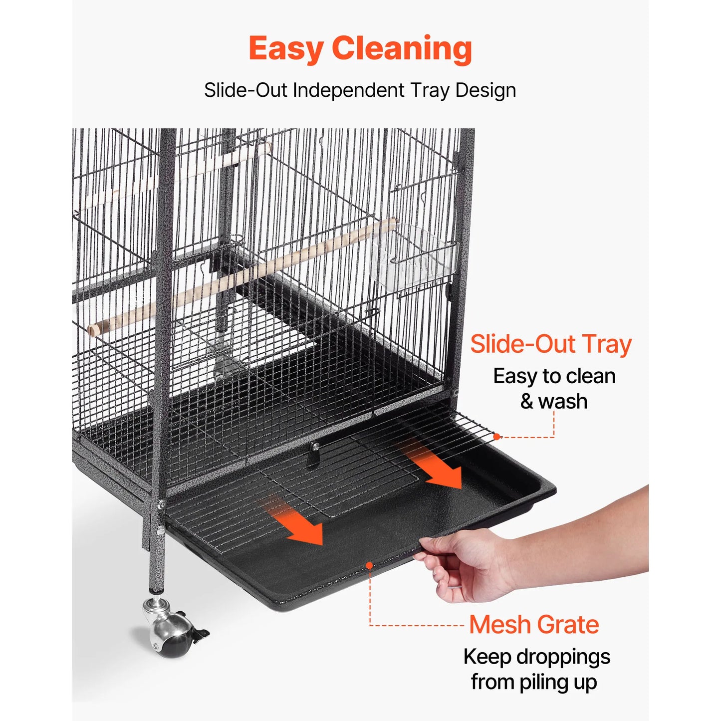 SucceBuy Bird Cage Open Flat Top Wrought Iron with Perches Slide-Out Tray and Plastic Feeders Casters for Diverse Bird Species
