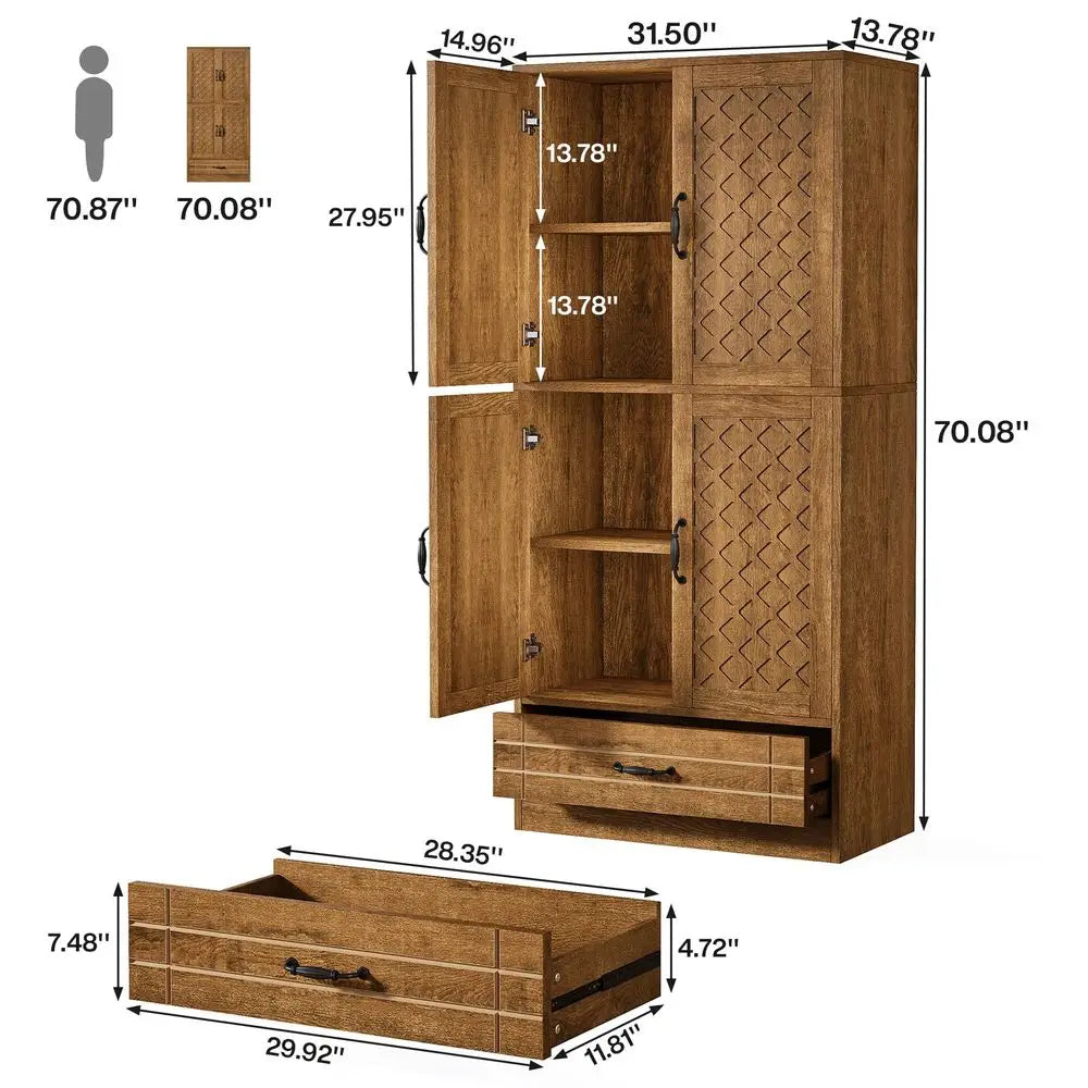70 Inches Bookshelf and Bookcase with Door, Wooden Farmhosue Tall Storage Cabinet with Drawer, Retro Enclosed Library Book Shel