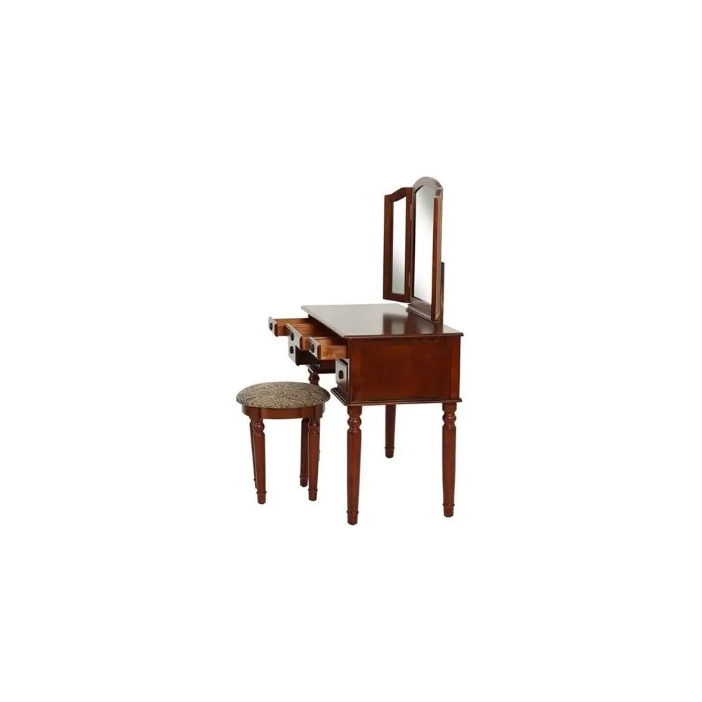 Antique Accents Furniture Wood Vanity Set with Mirror and Stool in Cherry Color