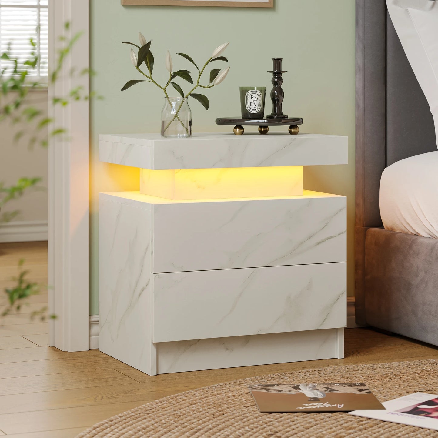 Cubehom White LED Nightstand With 2 Drawers And RGB Lights